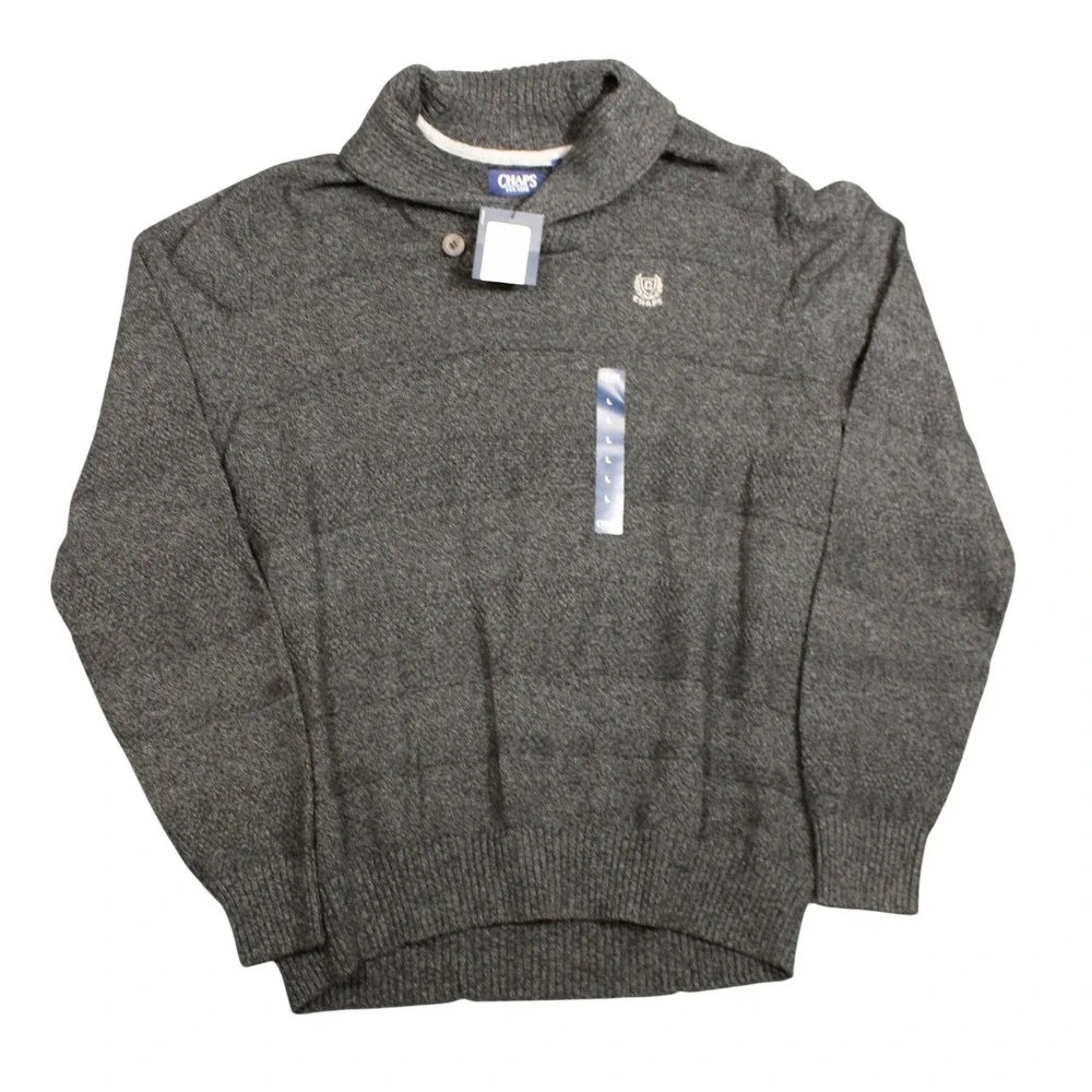 Chaps Mens Shawl Collar Sweater Charcoal Heather Grey Button Neck Crest Logo‎ L